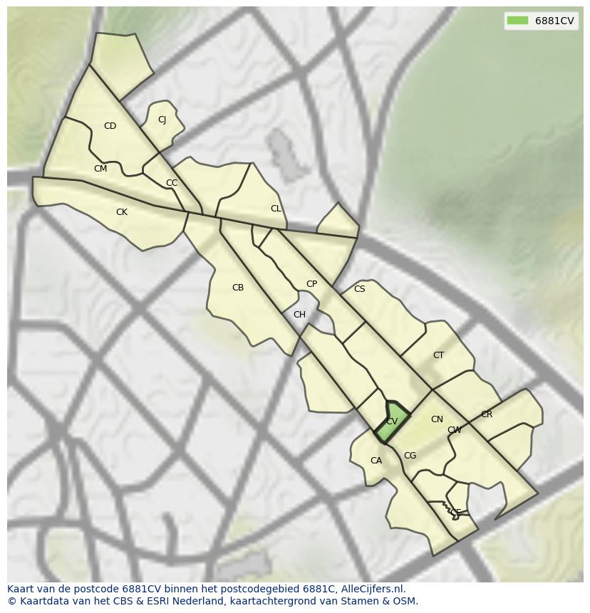 Afbeelding van het postcodegebied 6881 CV op de kaart.