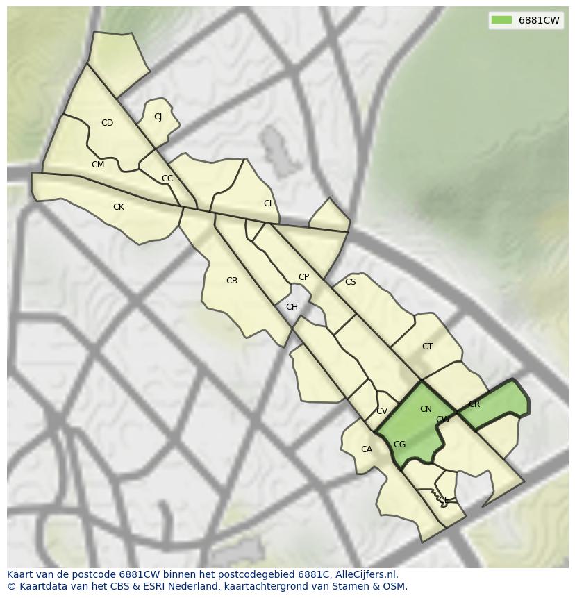 Afbeelding van het postcodegebied 6881 CW op de kaart.