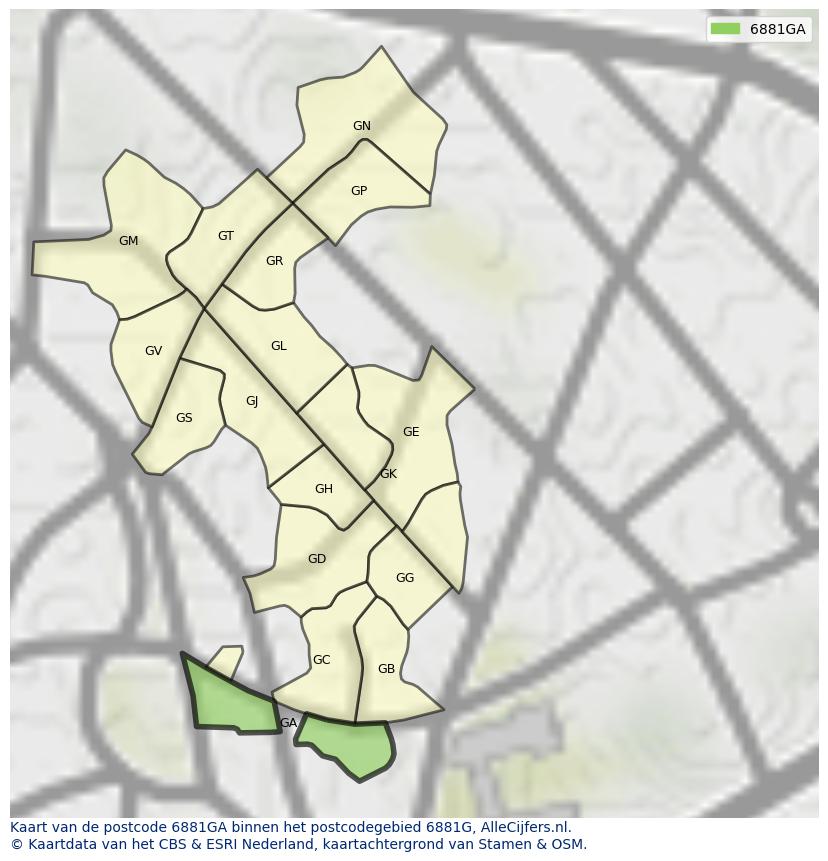 Afbeelding van het postcodegebied 6881 GA op de kaart.