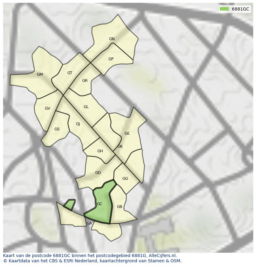 Afbeelding van het postcodegebied 6881 GC op de kaart.