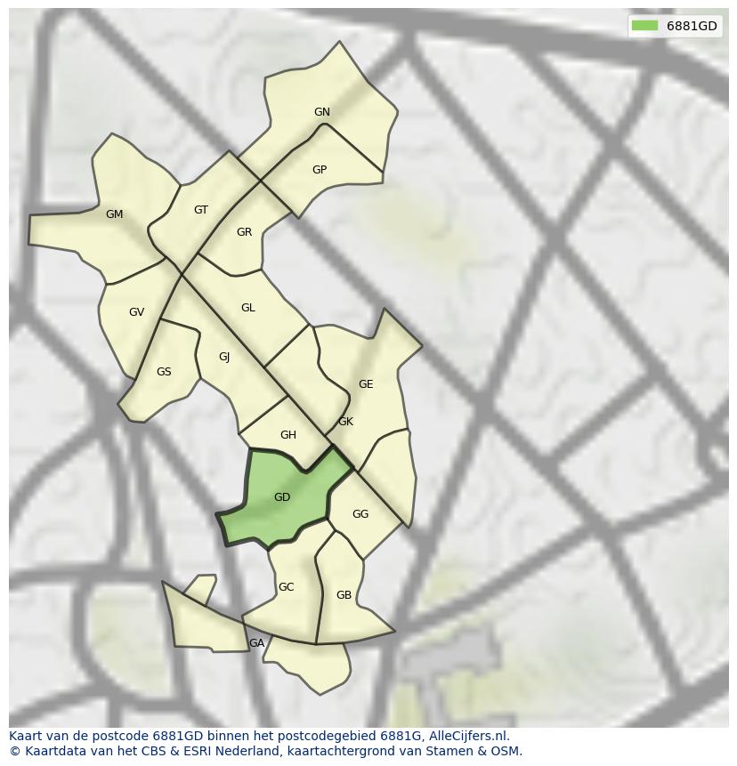 Afbeelding van het postcodegebied 6881 GD op de kaart.