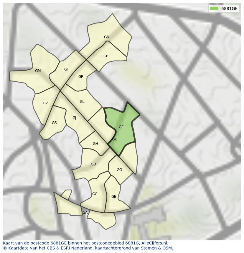 Afbeelding van het postcodegebied 6881 GE op de kaart.