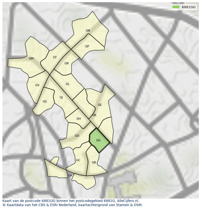 Afbeelding van het postcodegebied 6881 GG op de kaart.