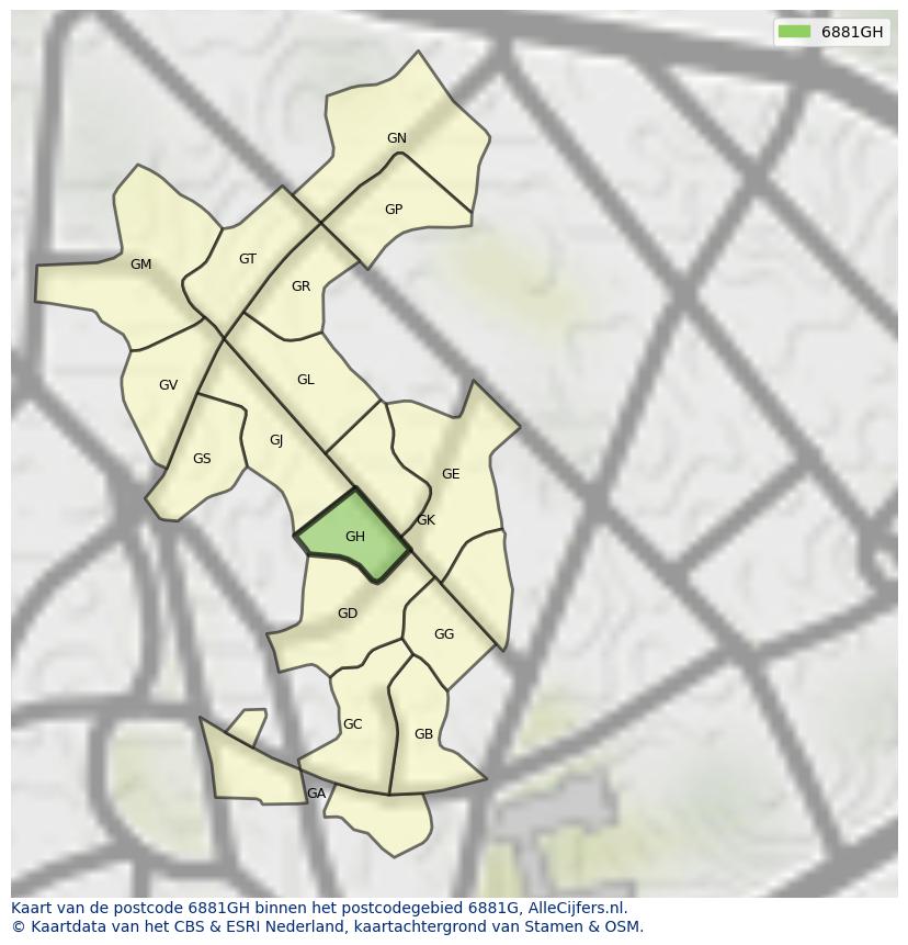 Afbeelding van het postcodegebied 6881 GH op de kaart.