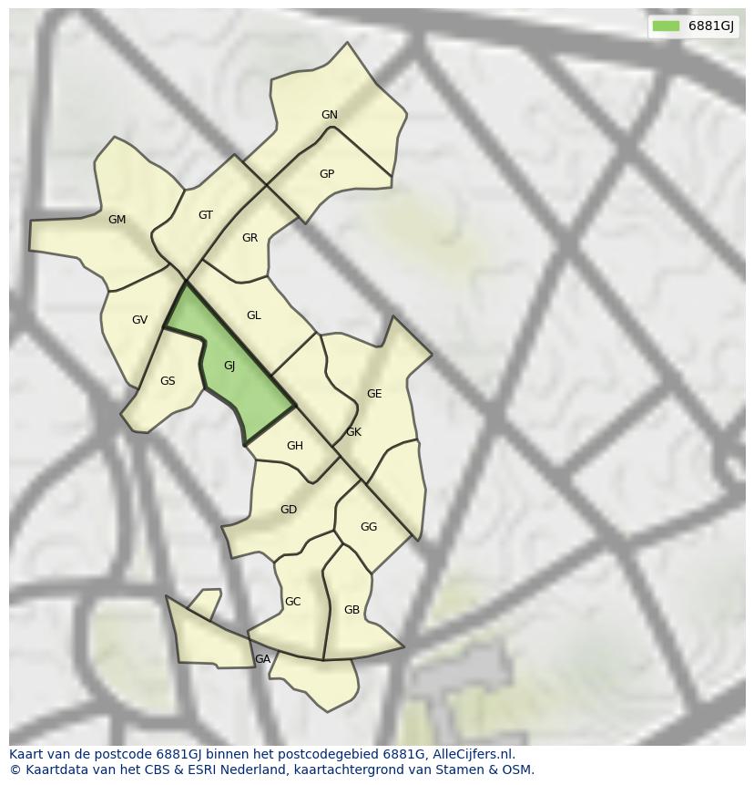Afbeelding van het postcodegebied 6881 GJ op de kaart.