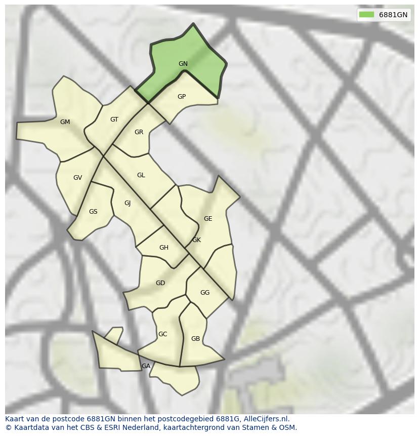 Afbeelding van het postcodegebied 6881 GN op de kaart.