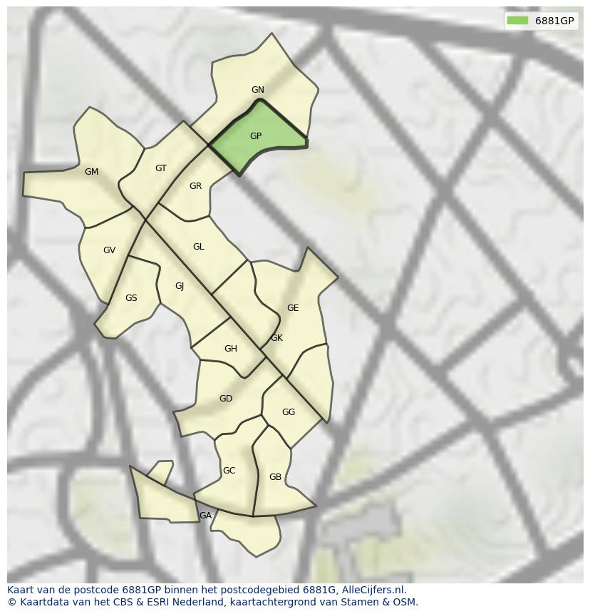 Afbeelding van het postcodegebied 6881 GP op de kaart.