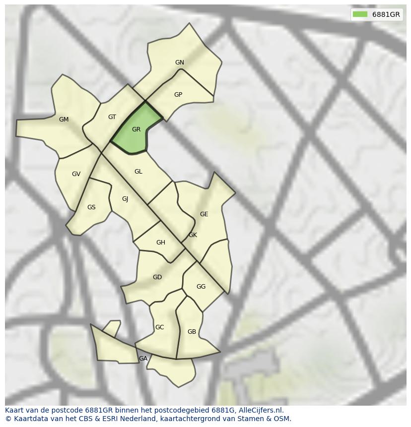 Afbeelding van het postcodegebied 6881 GR op de kaart.