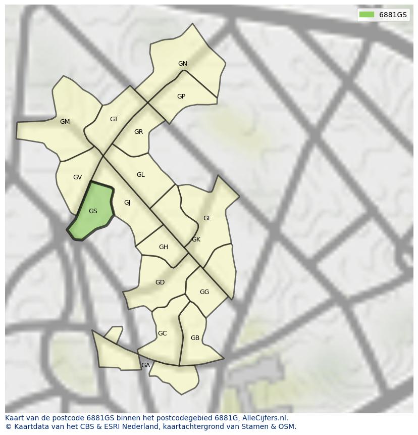 Afbeelding van het postcodegebied 6881 GS op de kaart.