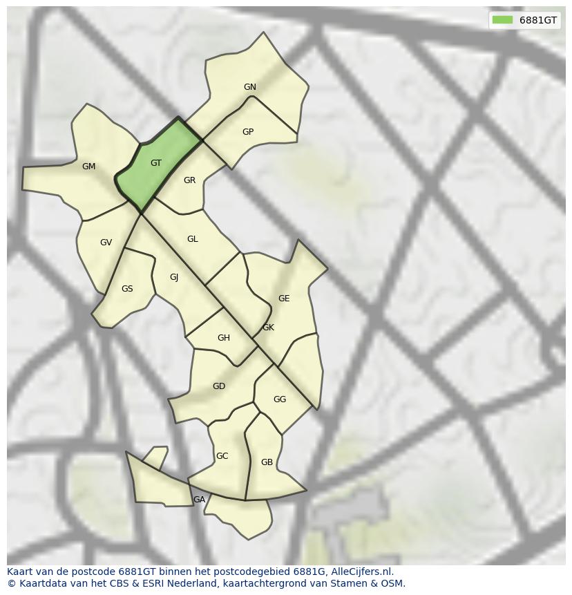 Afbeelding van het postcodegebied 6881 GT op de kaart.