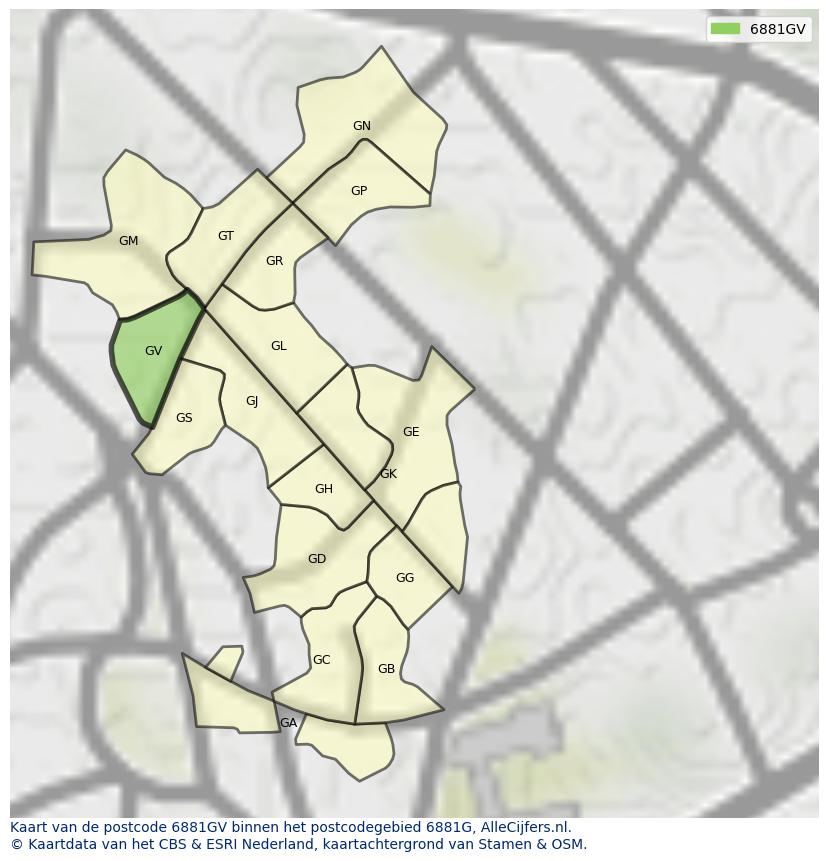 Afbeelding van het postcodegebied 6881 GV op de kaart.