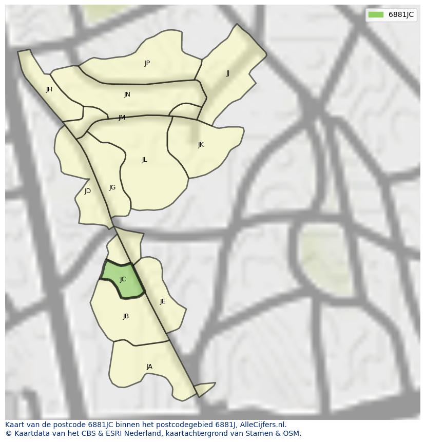 Afbeelding van het postcodegebied 6881 JC op de kaart.