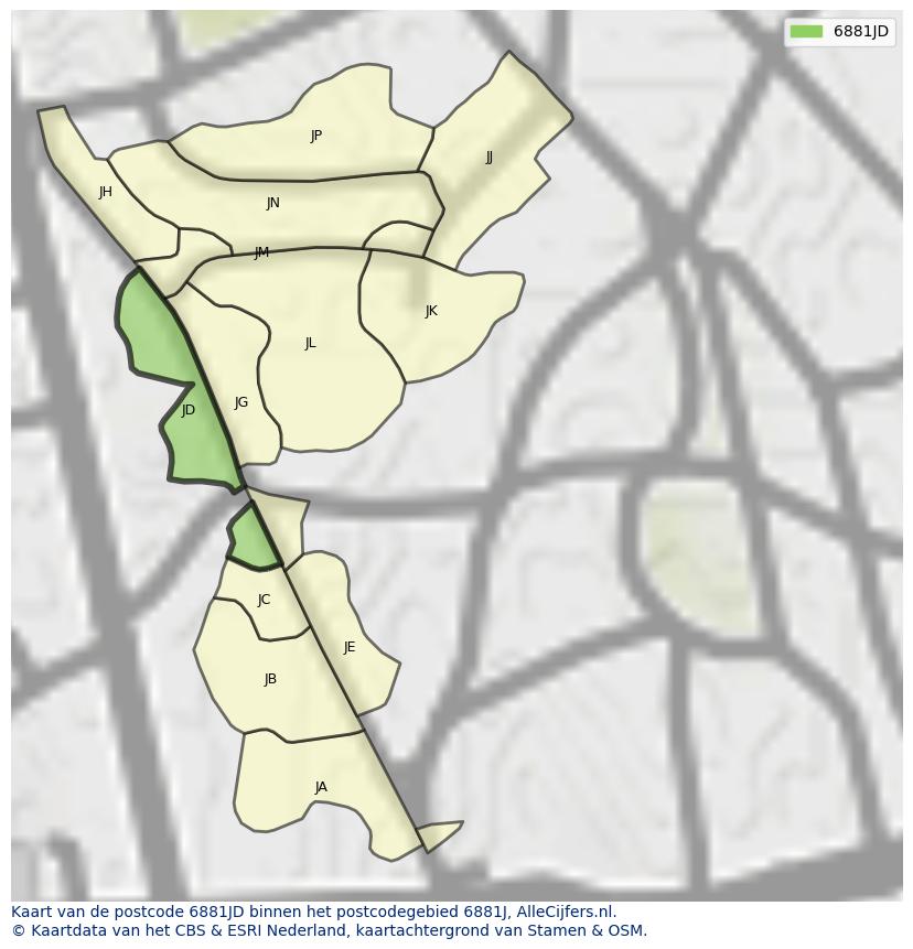 Afbeelding van het postcodegebied 6881 JD op de kaart.