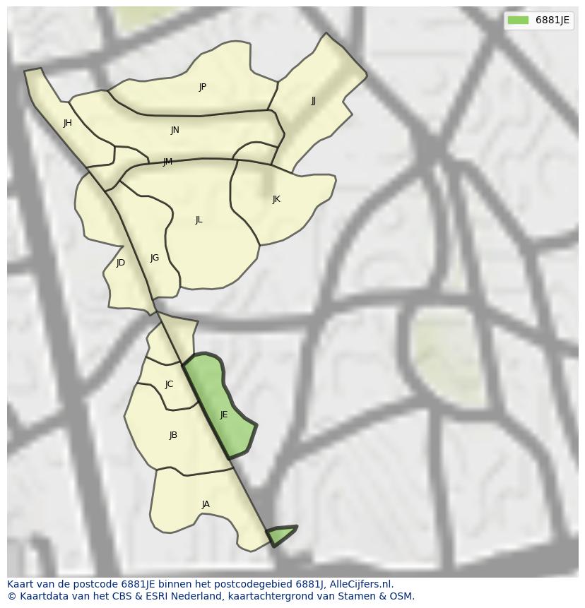 Afbeelding van het postcodegebied 6881 JE op de kaart.