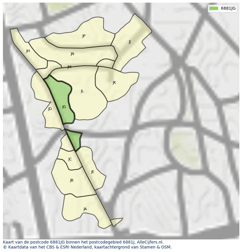 Afbeelding van het postcodegebied 6881 JG op de kaart.