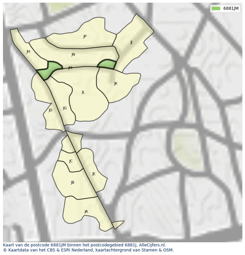 Afbeelding van het postcodegebied 6881 JM op de kaart.