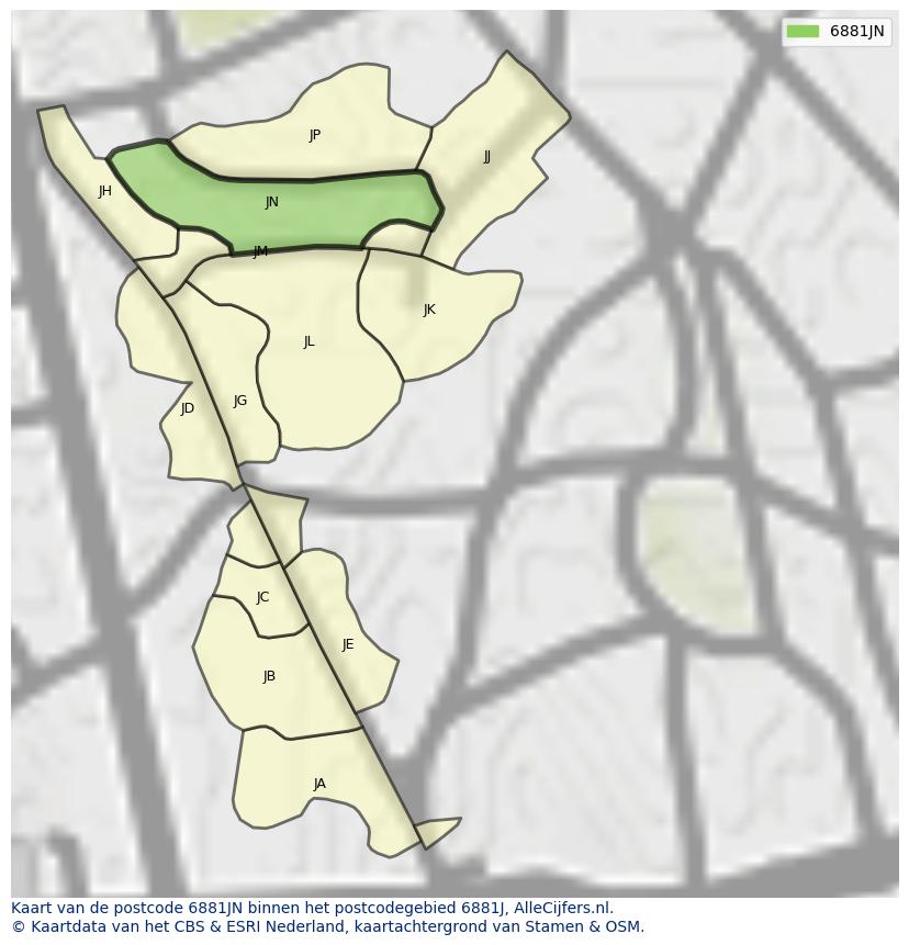 Afbeelding van het postcodegebied 6881 JN op de kaart.