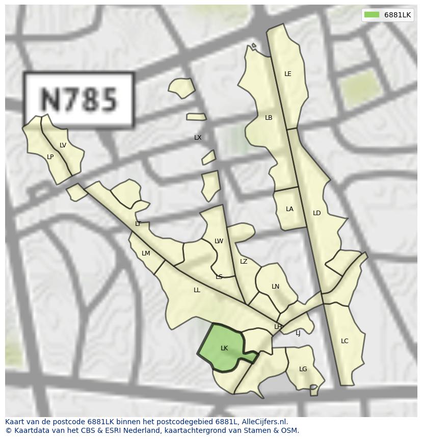 Afbeelding van het postcodegebied 6881 LK op de kaart.