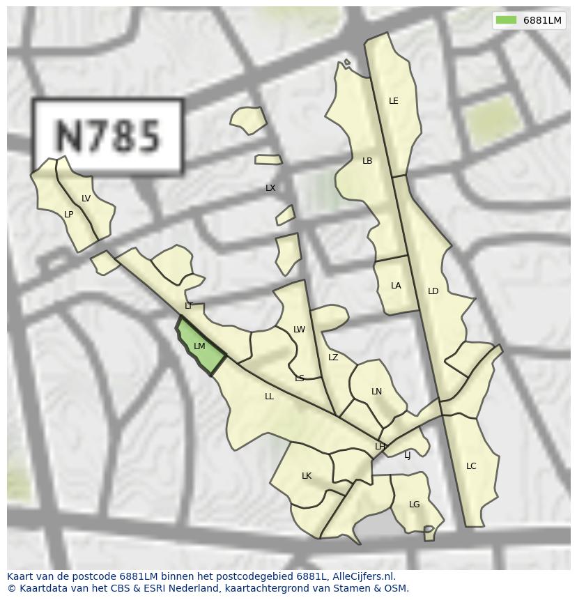 Afbeelding van het postcodegebied 6881 LM op de kaart.