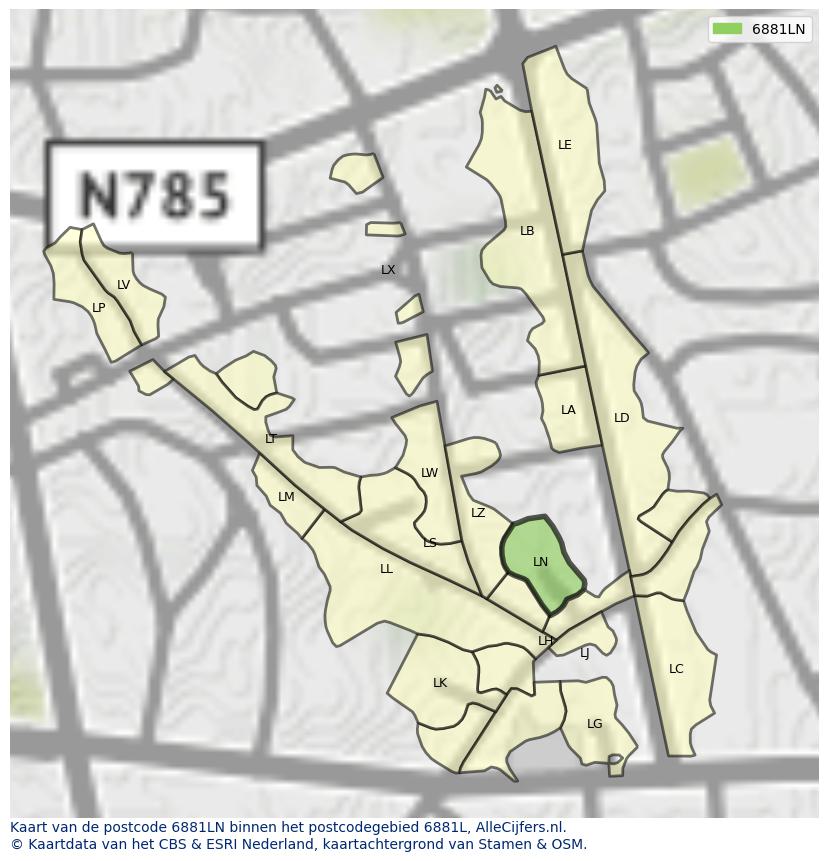 Afbeelding van het postcodegebied 6881 LN op de kaart.