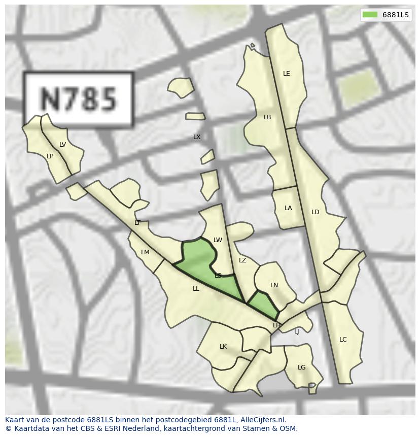 Afbeelding van het postcodegebied 6881 LS op de kaart.