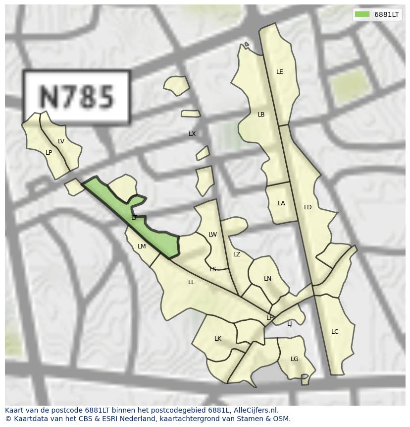 Afbeelding van het postcodegebied 6881 LT op de kaart.