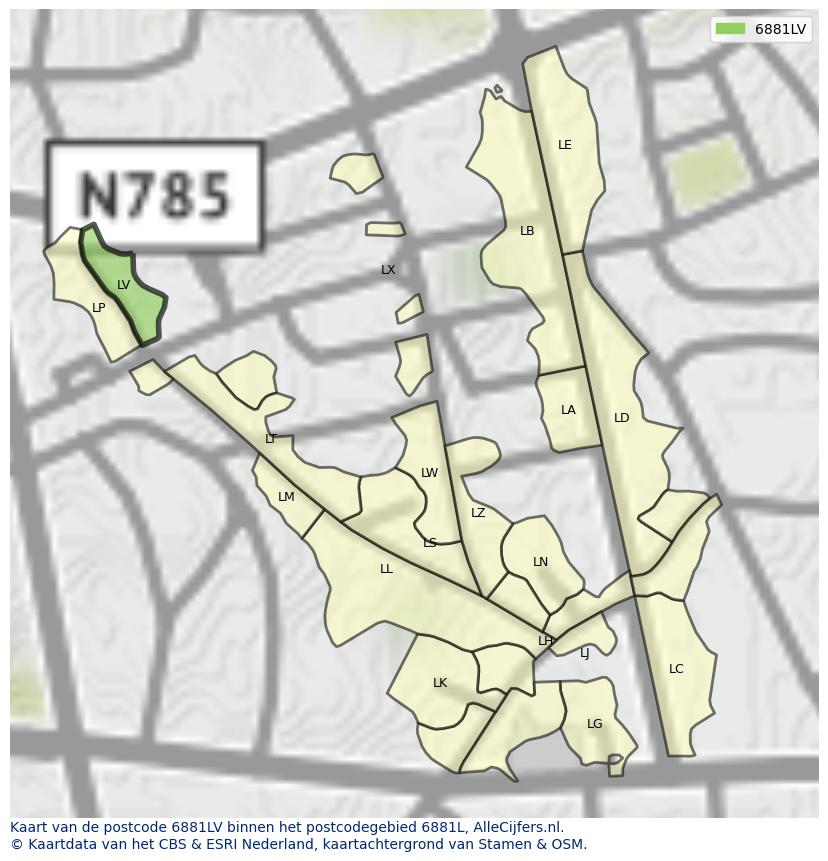 Afbeelding van het postcodegebied 6881 LV op de kaart.