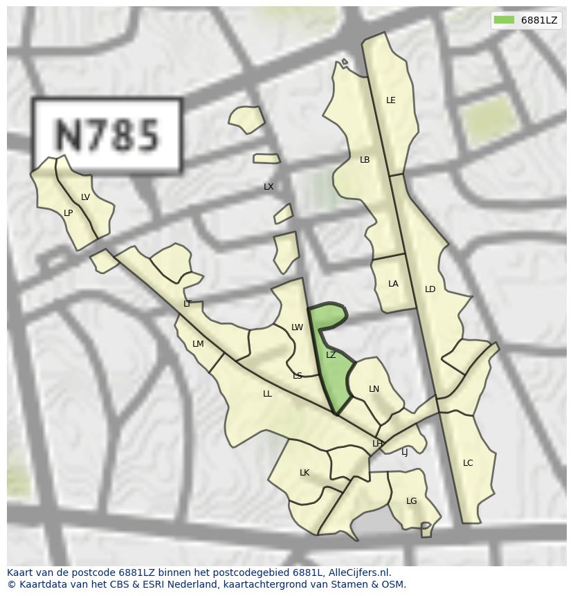 Afbeelding van het postcodegebied 6881 LZ op de kaart.