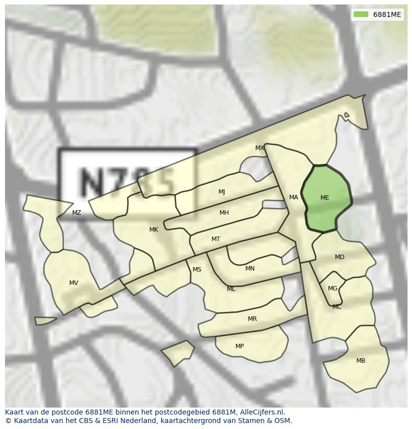 Afbeelding van het postcodegebied 6881 ME op de kaart.