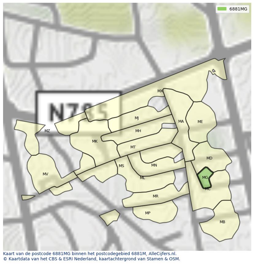 Afbeelding van het postcodegebied 6881 MG op de kaart.