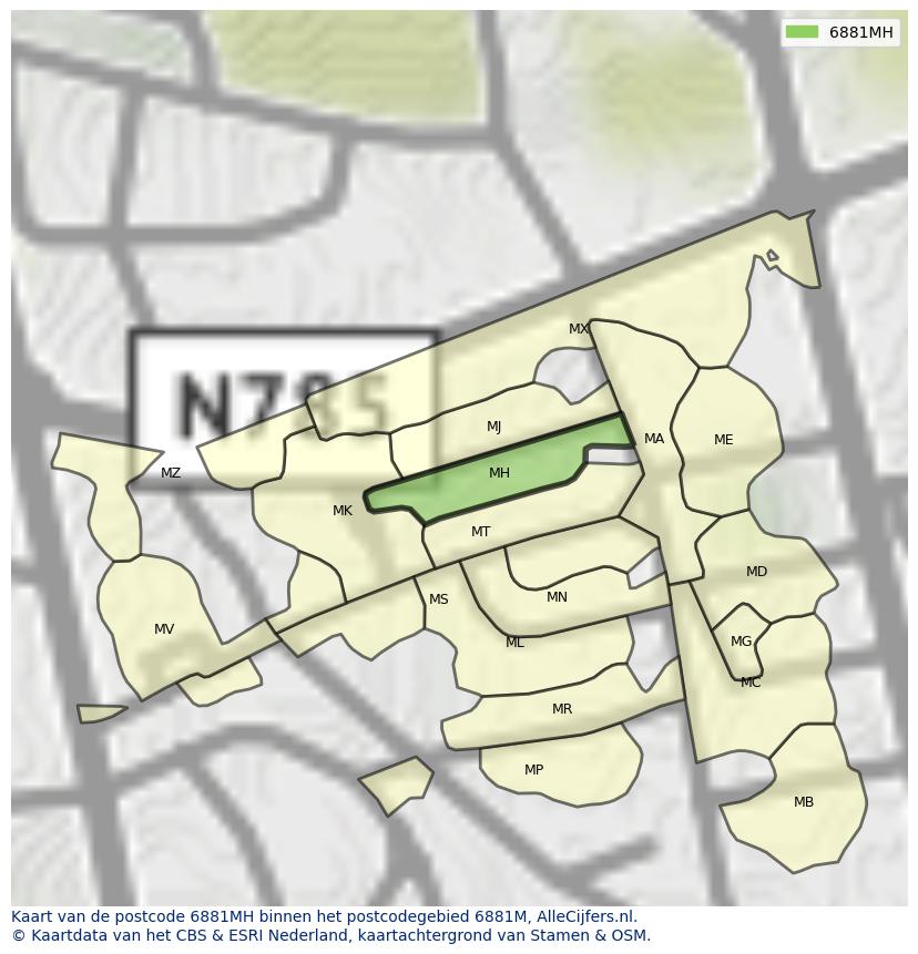 Afbeelding van het postcodegebied 6881 MH op de kaart.