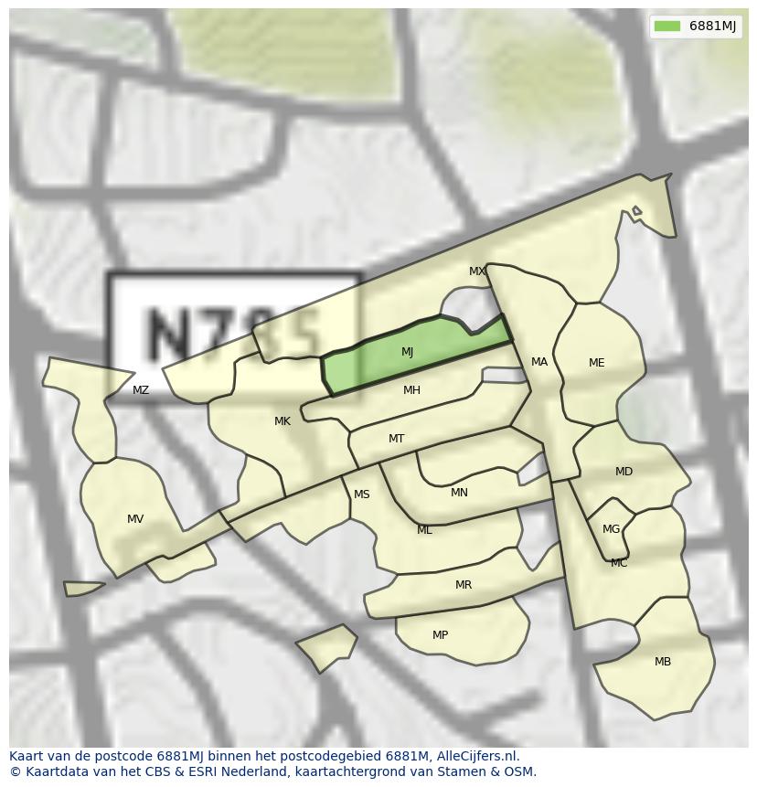 Afbeelding van het postcodegebied 6881 MJ op de kaart.
