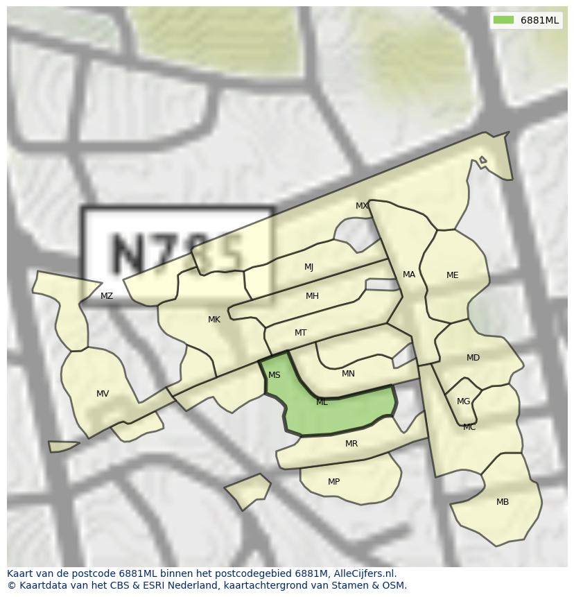 Afbeelding van het postcodegebied 6881 ML op de kaart.