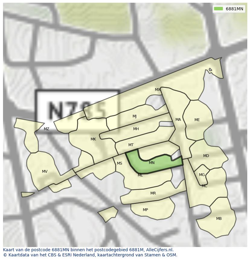 Afbeelding van het postcodegebied 6881 MN op de kaart.