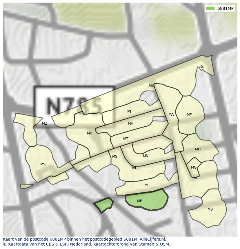 Afbeelding van het postcodegebied 6881 MP op de kaart.
