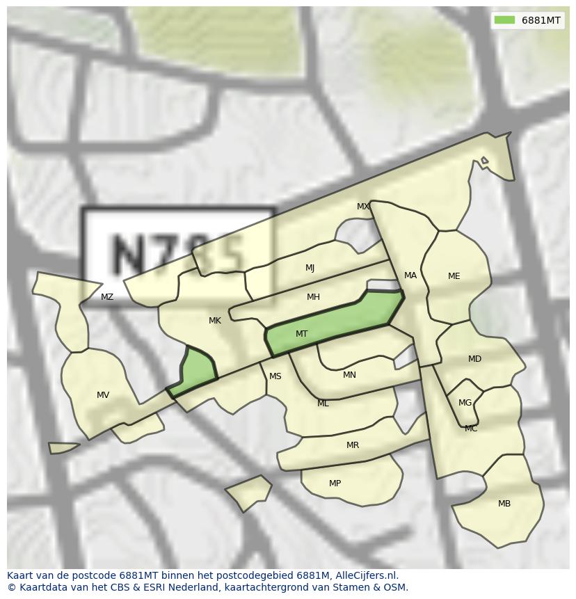 Afbeelding van het postcodegebied 6881 MT op de kaart.
