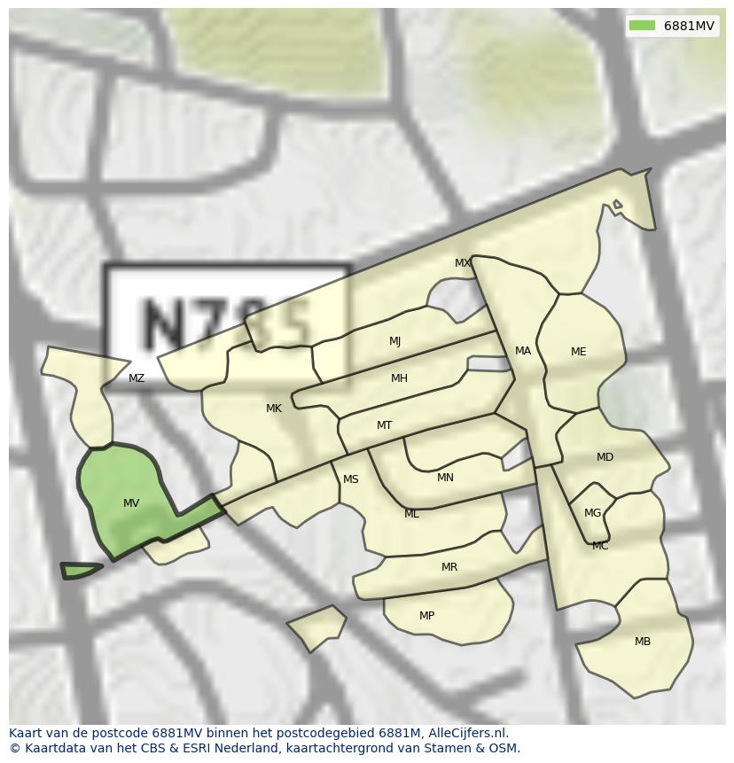 Afbeelding van het postcodegebied 6881 MV op de kaart.