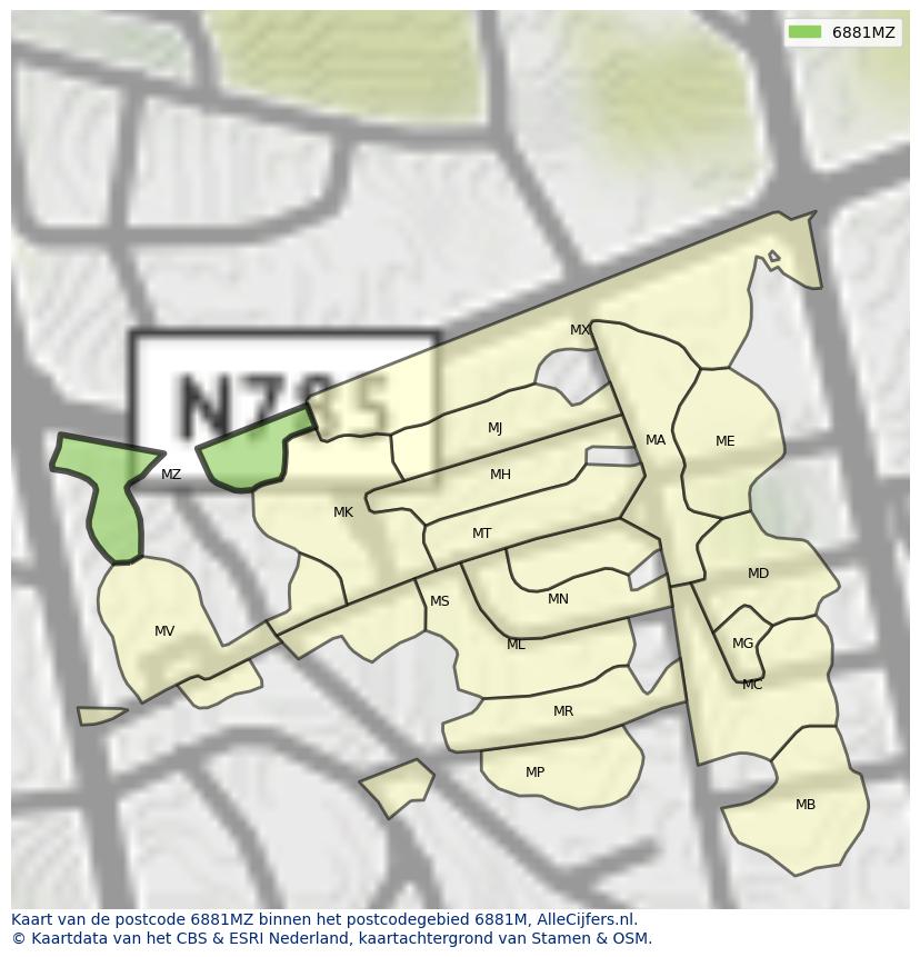 Afbeelding van het postcodegebied 6881 MZ op de kaart.