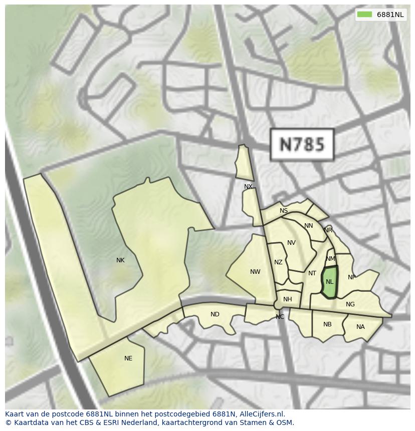 Afbeelding van het postcodegebied 6881 NL op de kaart.