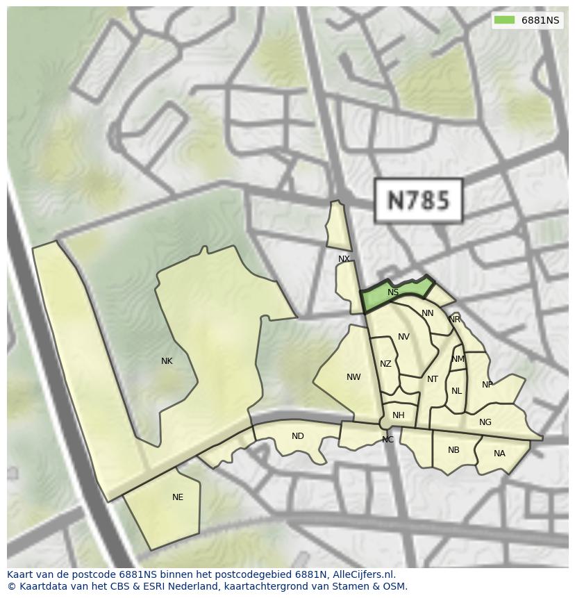 Afbeelding van het postcodegebied 6881 NS op de kaart.