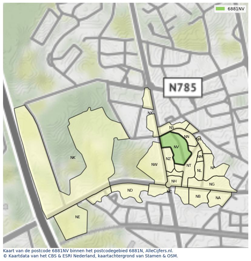 Afbeelding van het postcodegebied 6881 NV op de kaart.