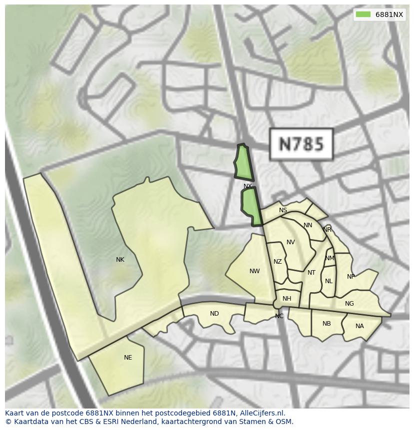 Afbeelding van het postcodegebied 6881 NX op de kaart.