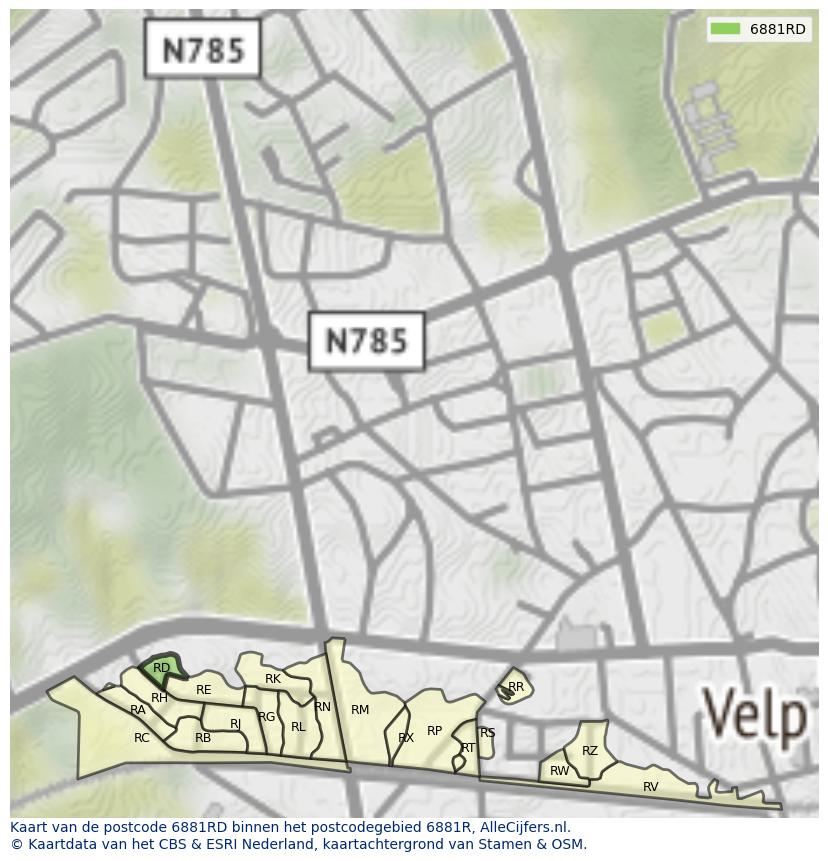 Afbeelding van het postcodegebied 6881 RD op de kaart.