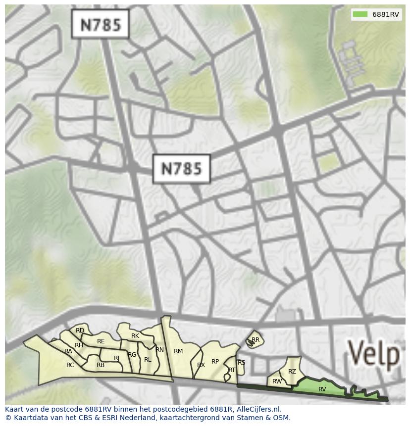 Afbeelding van het postcodegebied 6881 RV op de kaart.