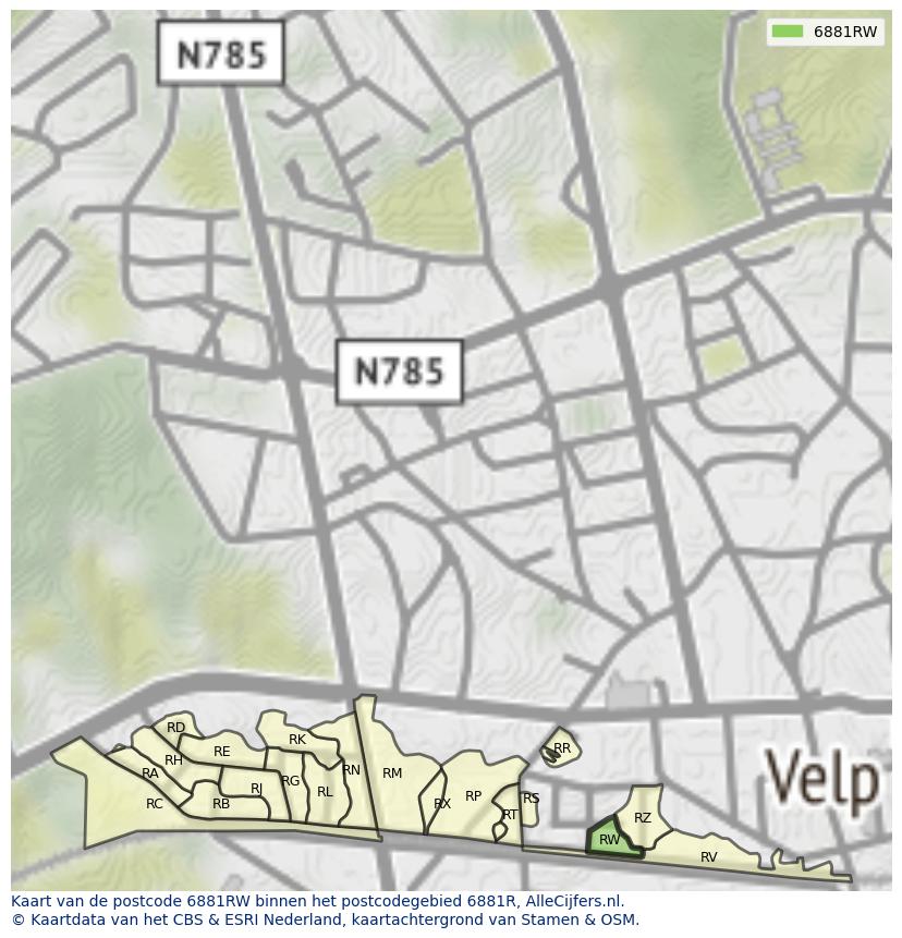 Afbeelding van het postcodegebied 6881 RW op de kaart.