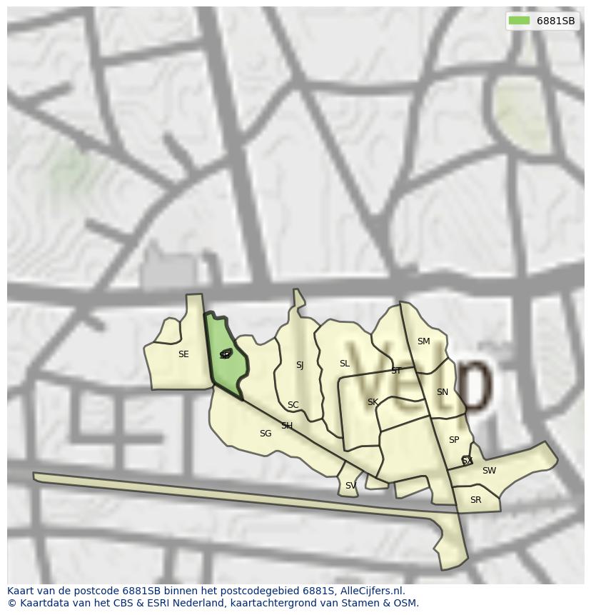 Afbeelding van het postcodegebied 6881 SB op de kaart.