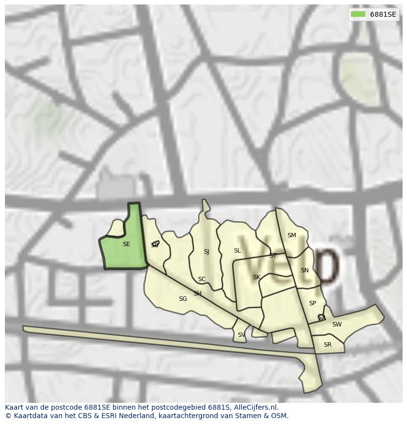 Afbeelding van het postcodegebied 6881 SE op de kaart.