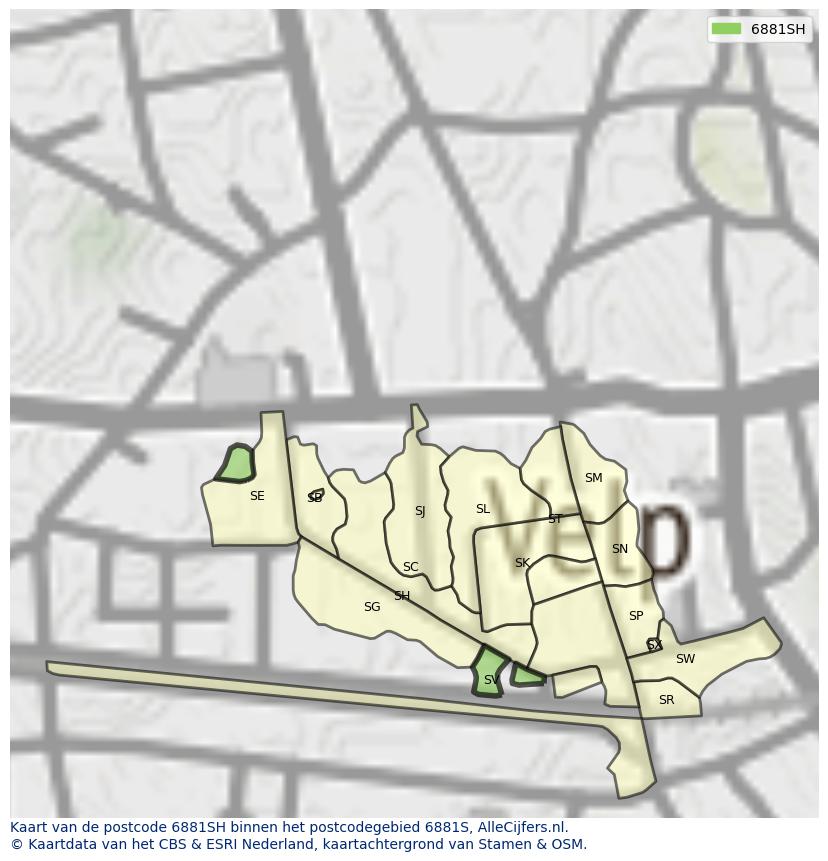 Afbeelding van het postcodegebied 6881 SH op de kaart.
