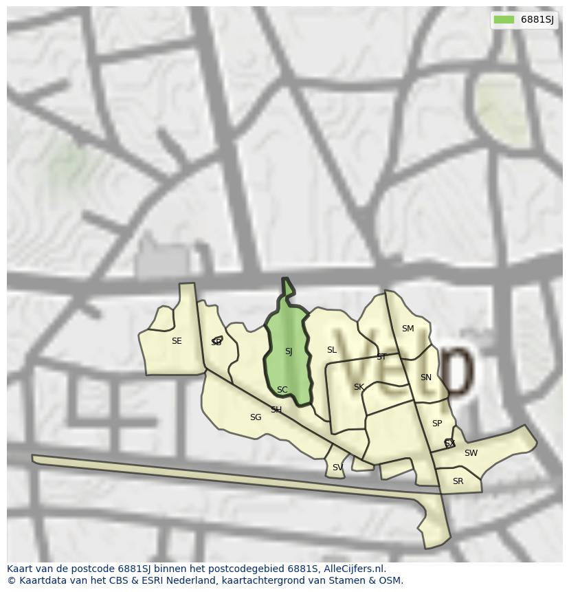 Afbeelding van het postcodegebied 6881 SJ op de kaart.