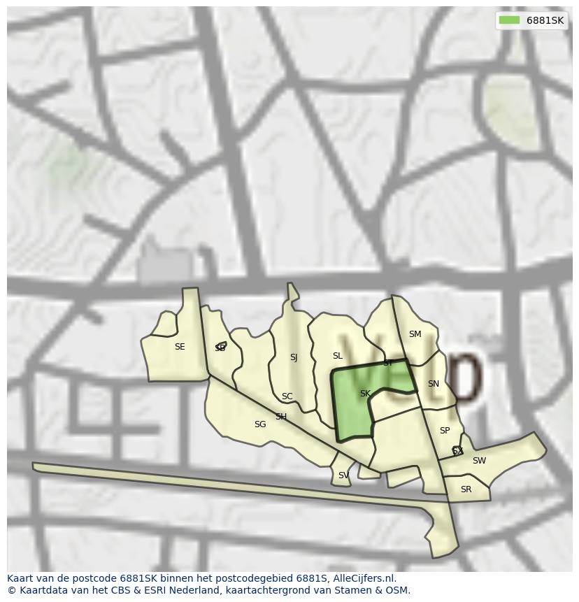 Afbeelding van het postcodegebied 6881 SK op de kaart.